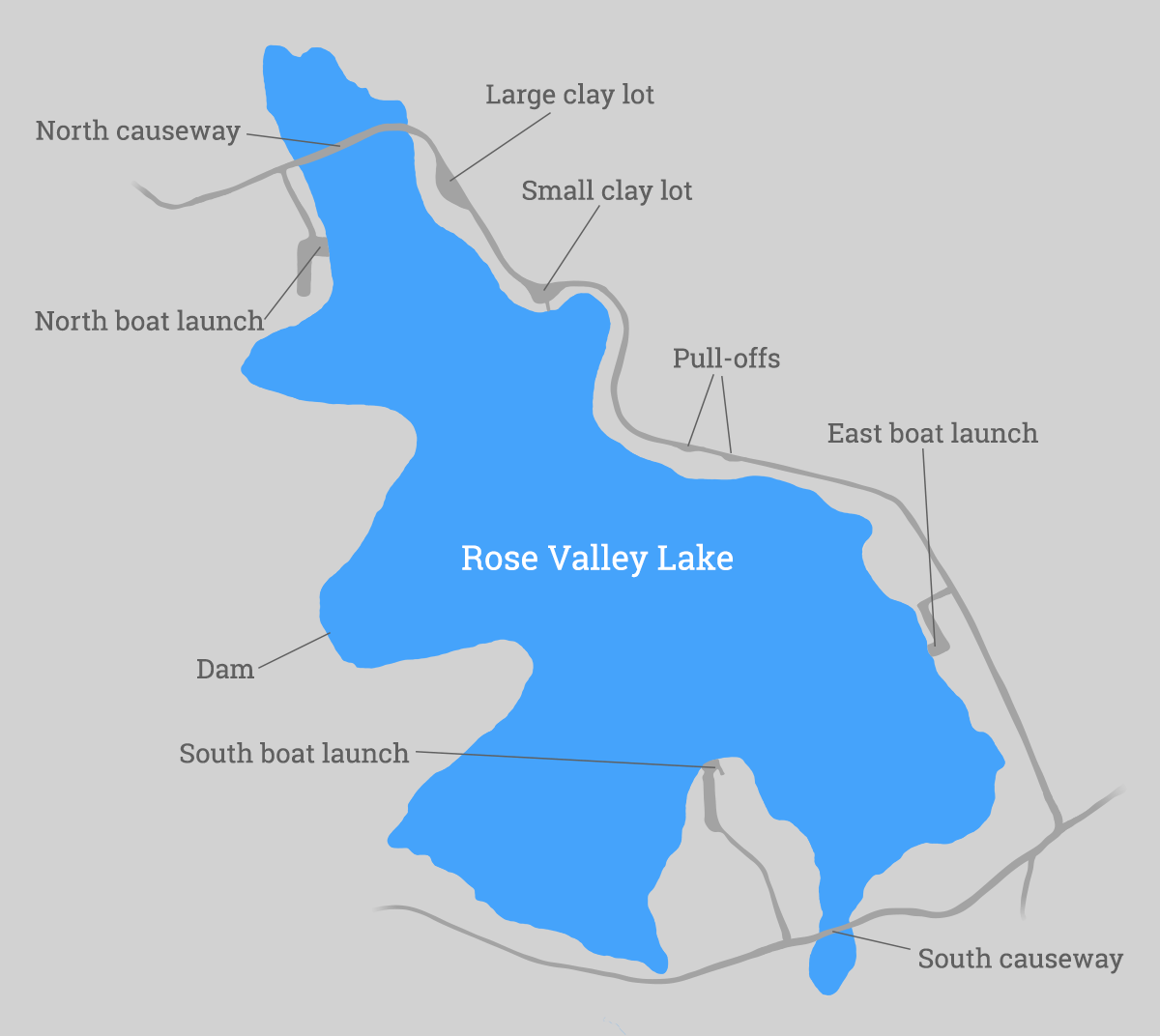 Rose Valley Lake map with labels for points of interest around the lake.