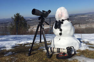 Snowman at the Route 15 Overlook wearing binoculars and with scope and camera © David Brown